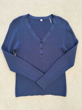 Margaret O'Leary Navy V-Neck Waffle Knit Cotton Sweater Button Size M